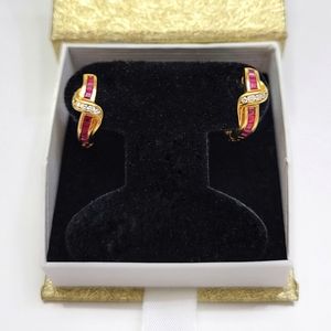 18K Gold Ruby & Diamond Vintage Hoop Earrings